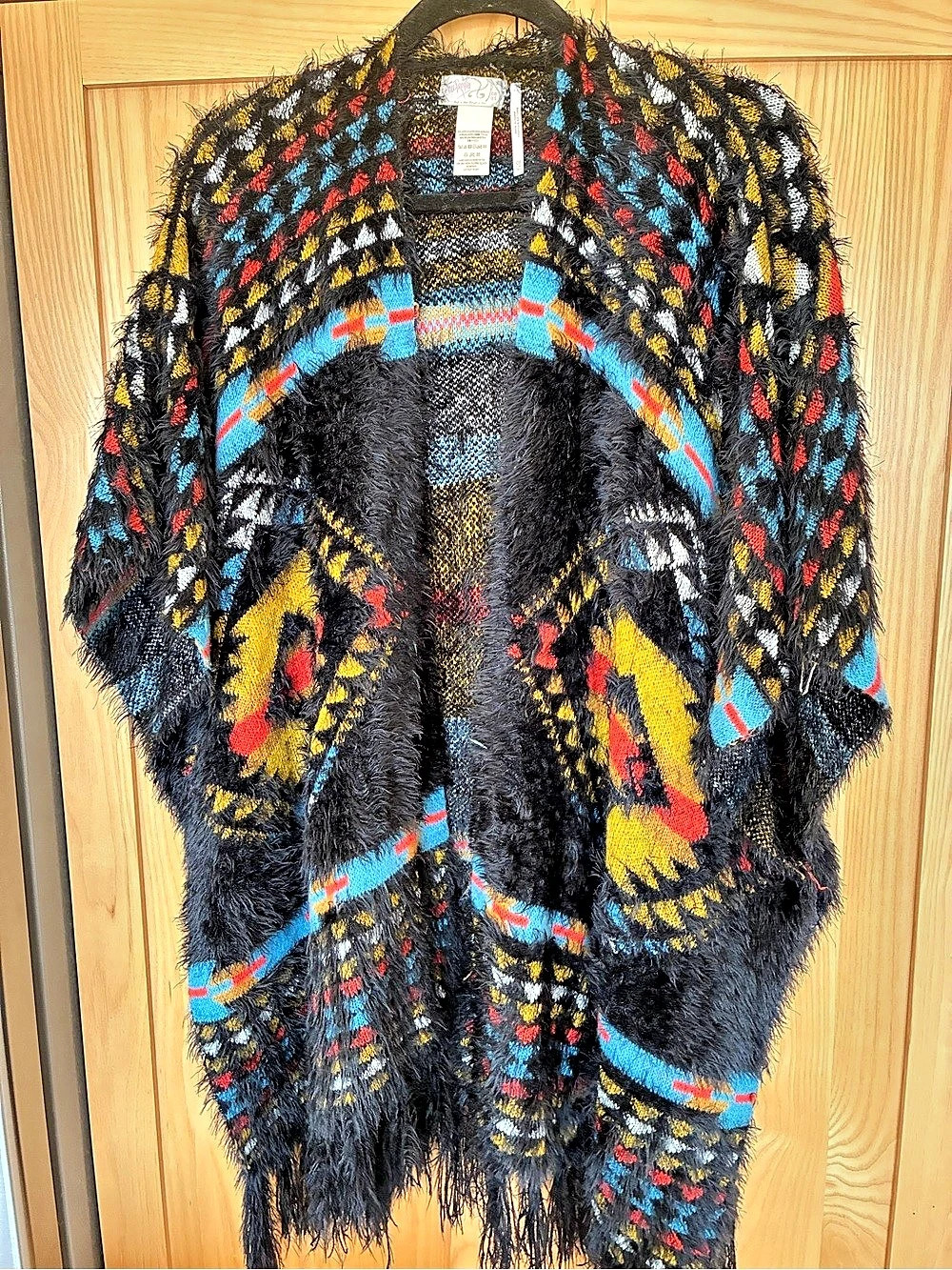 Free People Diamondback Cozy Poncho Multicolor Geometric Fringe